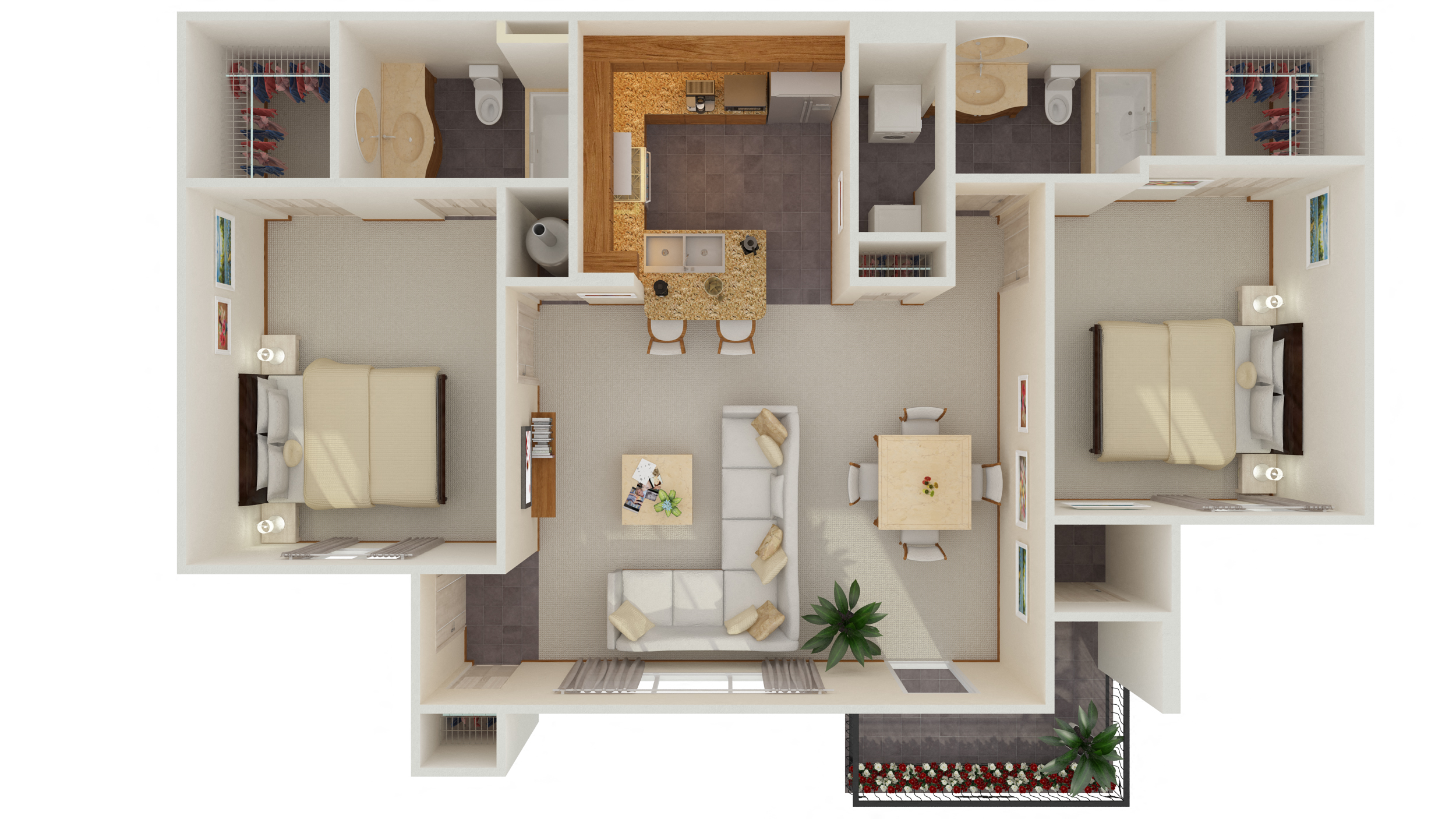 Floor plan for 2 beds, 2 baths, 1050 sqft